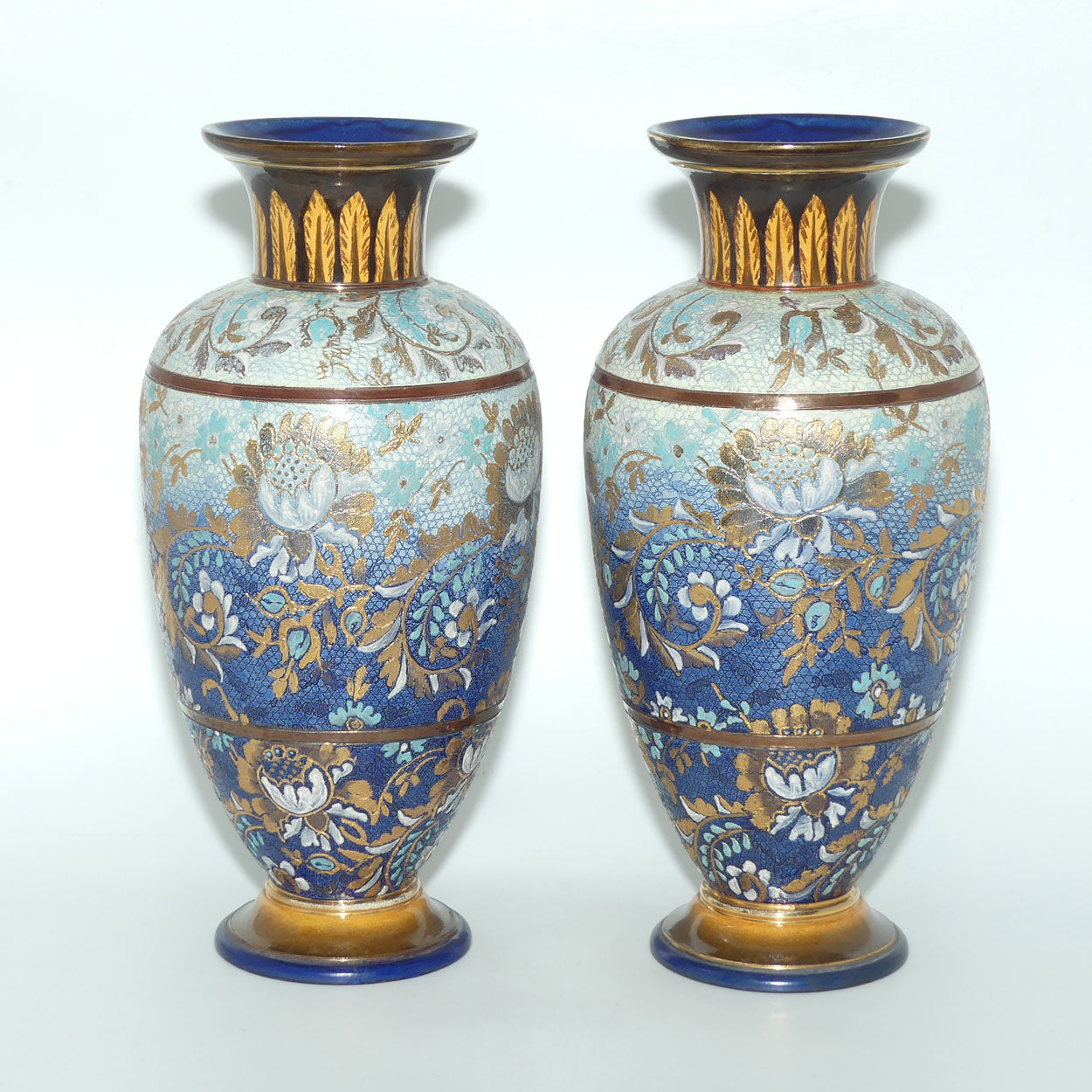 Doulton Lambeth Stoneware Pair of Slaters Patent vases | Blue and Gilt with White Enamel | X3904