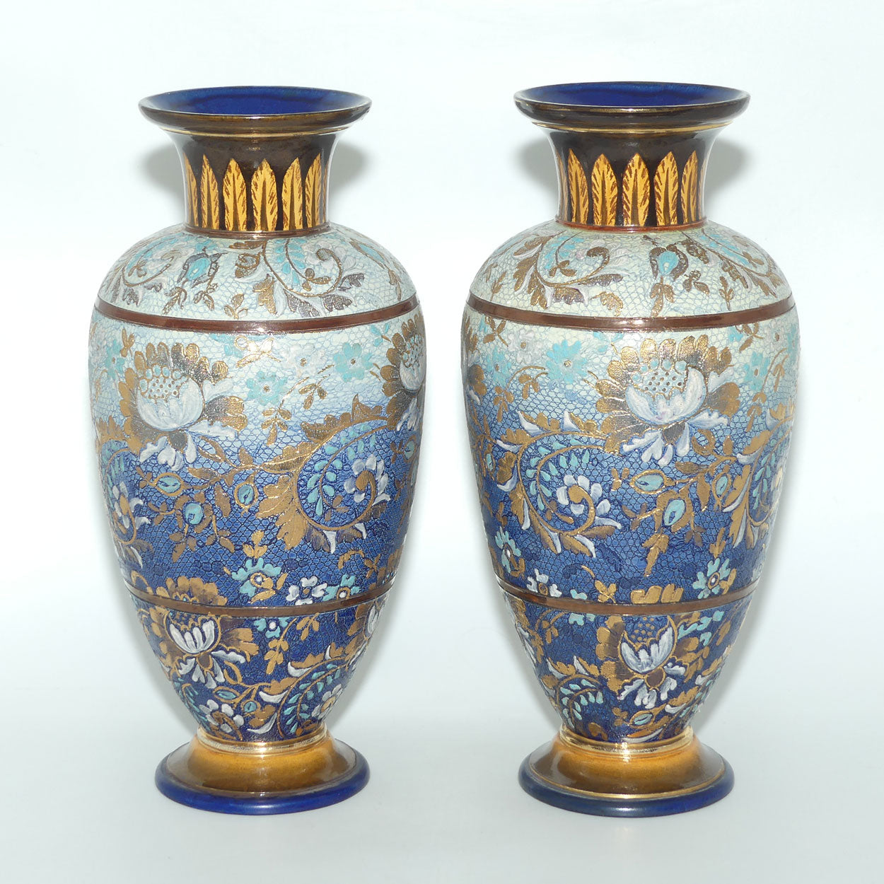 Doulton Lambeth Stoneware Pair of Slaters Patent vases | Blue and Gilt with White Enamel | X3904