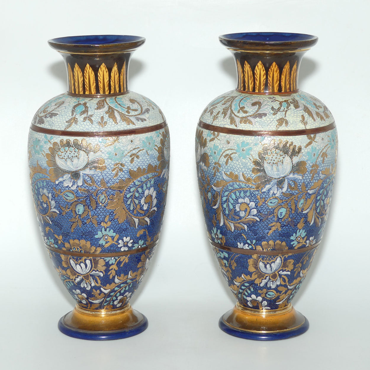 Doulton Lambeth Stoneware Pair of Slaters Patent vases | Blue and Gilt with White Enamel | X3904