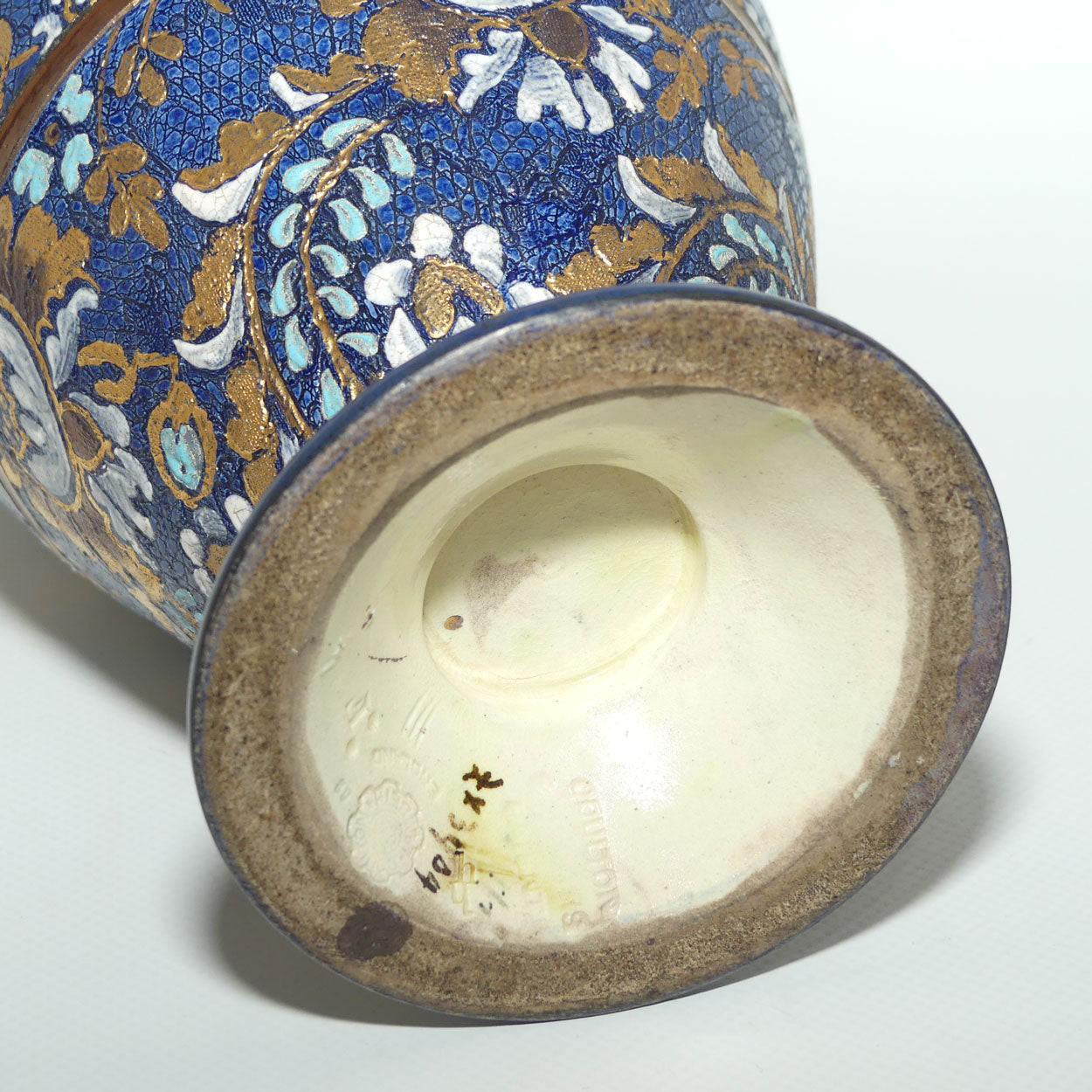 Doulton Lambeth Stoneware Pair of Slaters Patent vases | Blue and Gilt with White Enamel | X3904