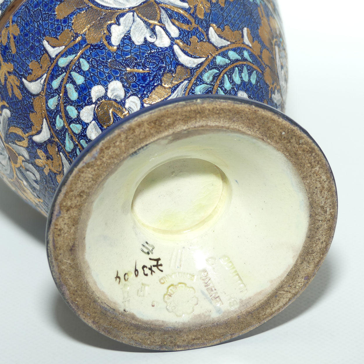 Doulton Lambeth Stoneware Pair of Slaters Patent vases | Blue and Gilt with White Enamel | X3904