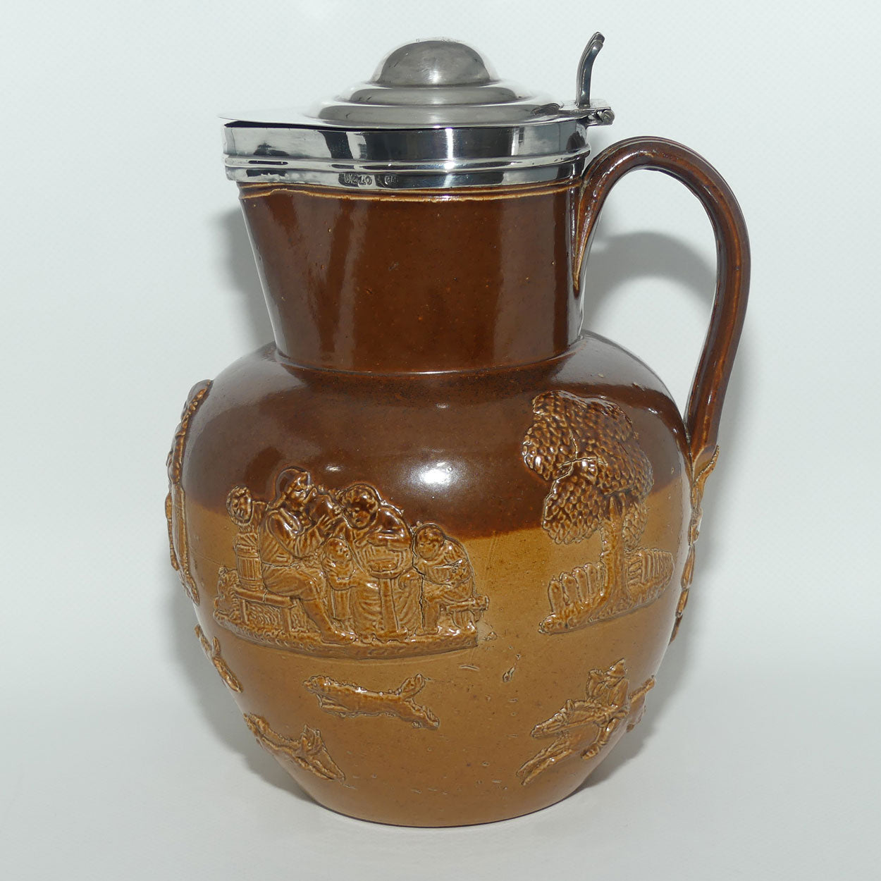 Doulton Lambeth Harvest Hunting ale jug with Sterling Silver Rim and Lid | Gardez Bien