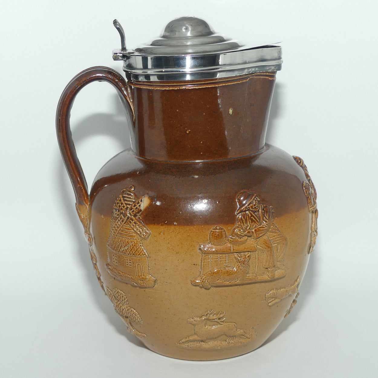 Doulton Lambeth Harvest Hunting ale jug with Sterling Silver Rim and Lid | Gardez Bien