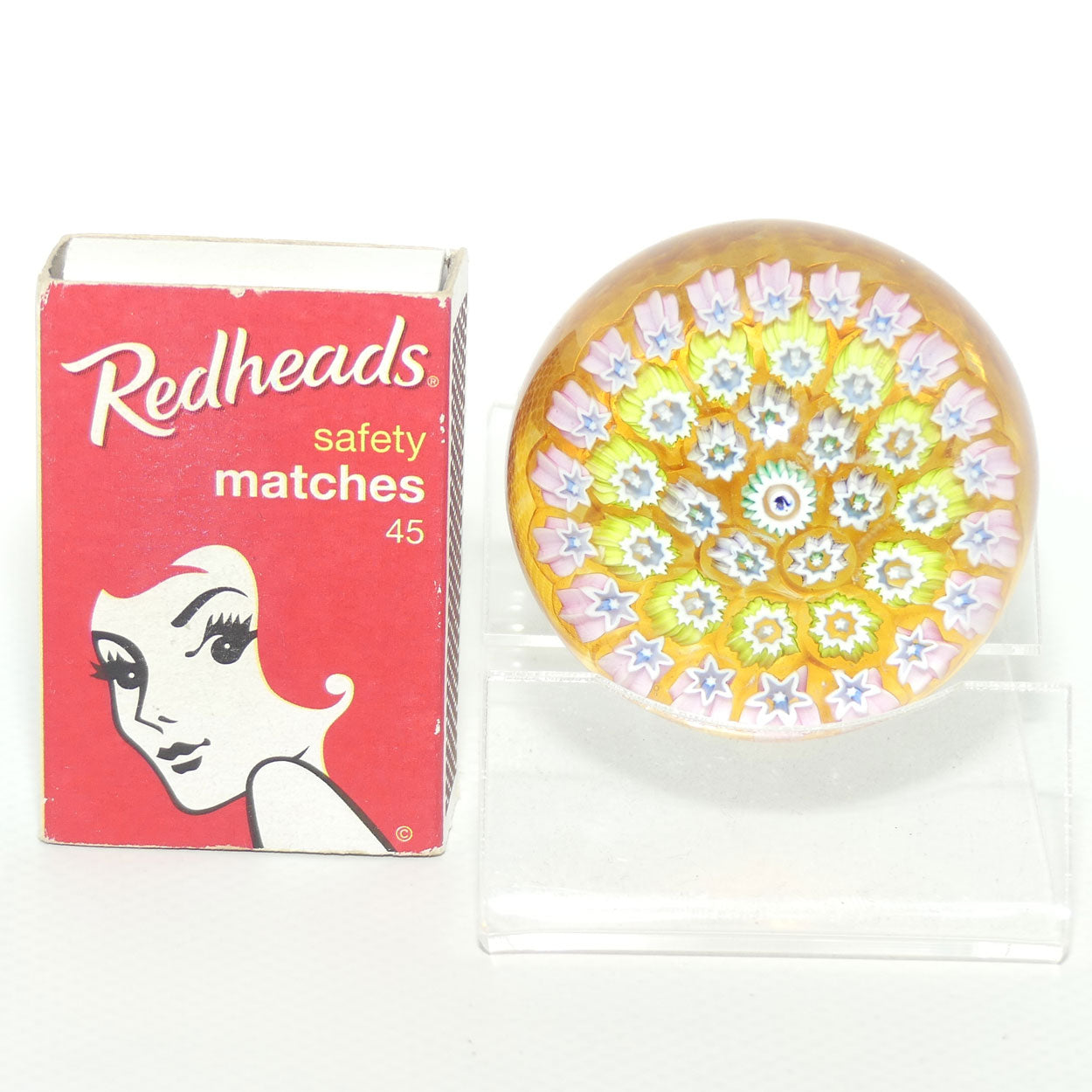 John Deacons Scotland Millefiori Silhouette Cane miniature paperweight | Amber