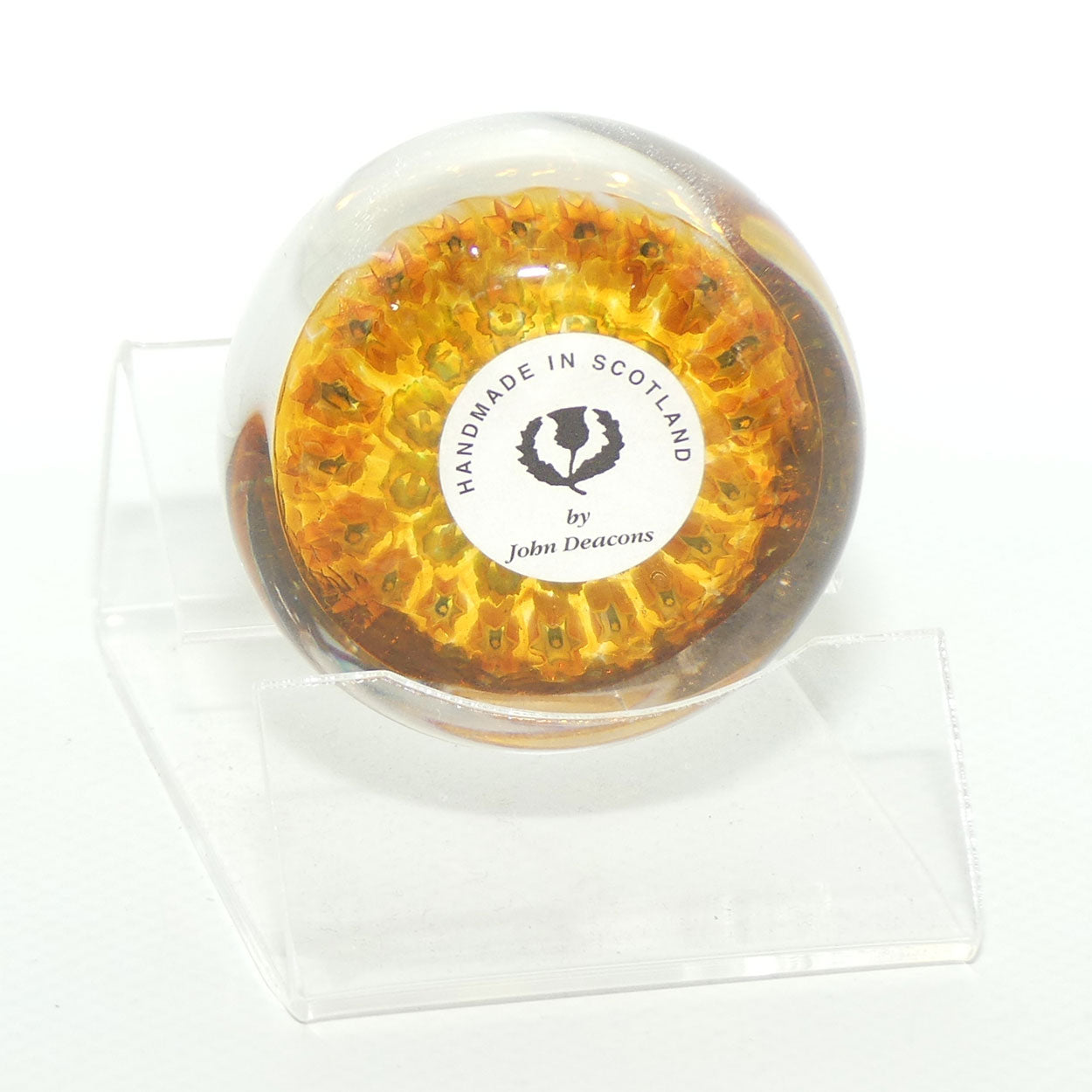 John Deacons Scotland Millefiori Silhouette Cane miniature paperweight | Amber