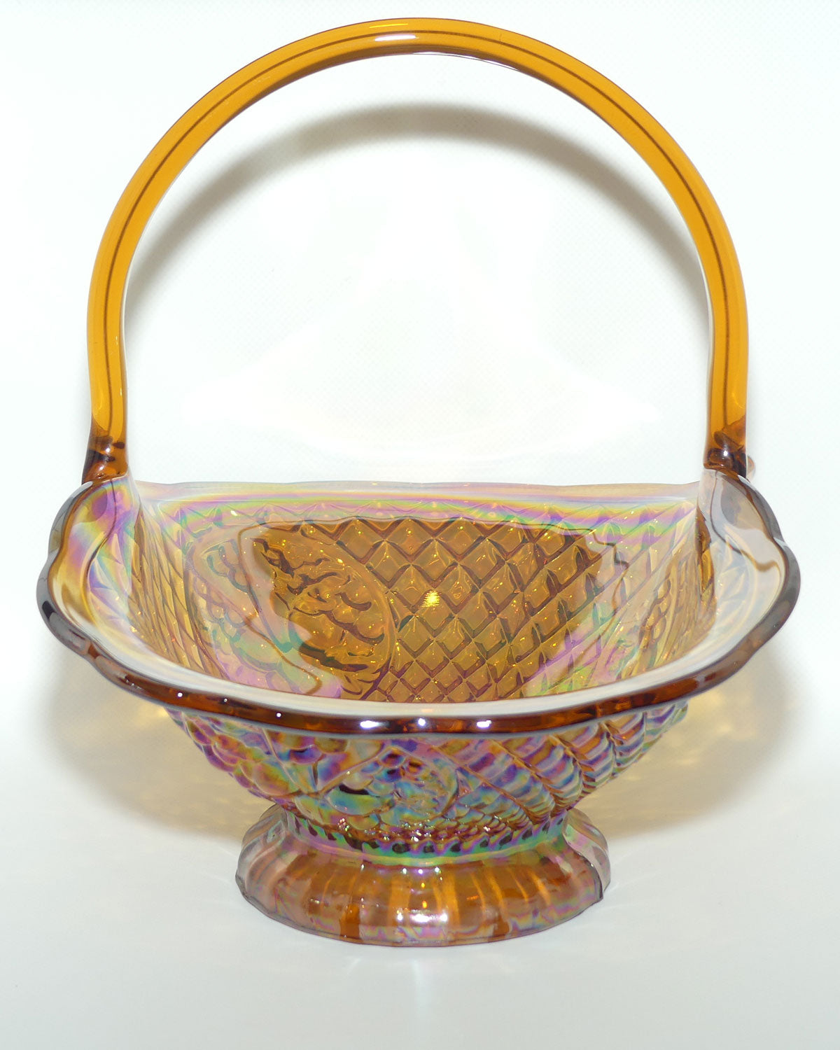 Amber Indiana Glass | Carnival Glass basket | 3 panels of Cherries
