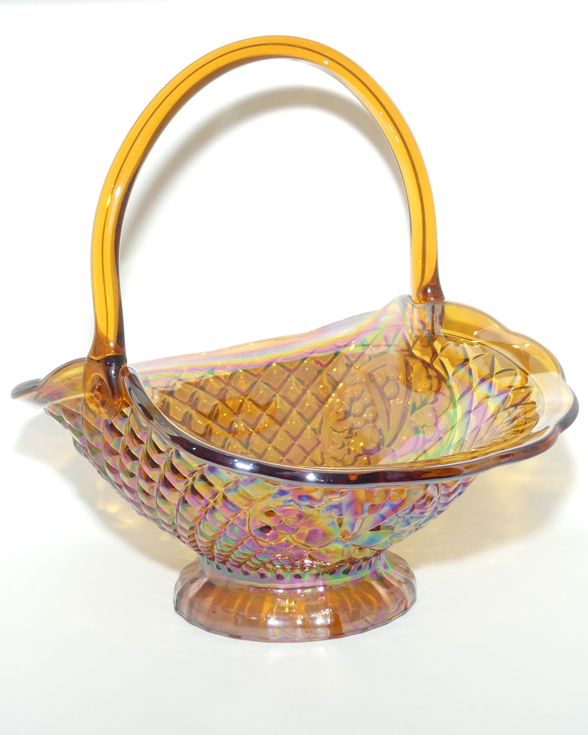Amber Indiana Glass | Carnival Glass basket | 3 panels of Cherries