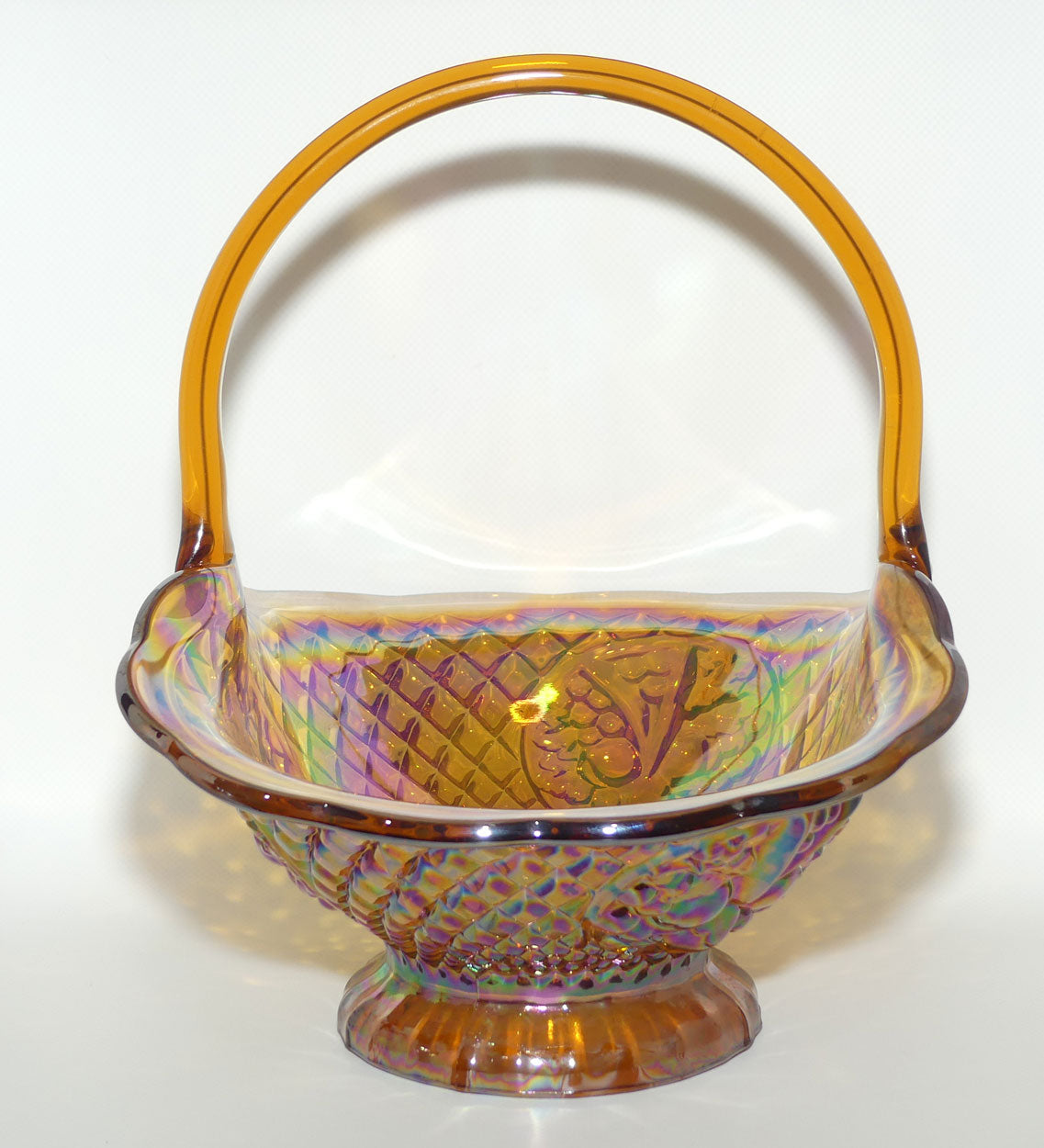 Amber Indiana Glass | Carnival Glass basket | 3 panels of Cherries