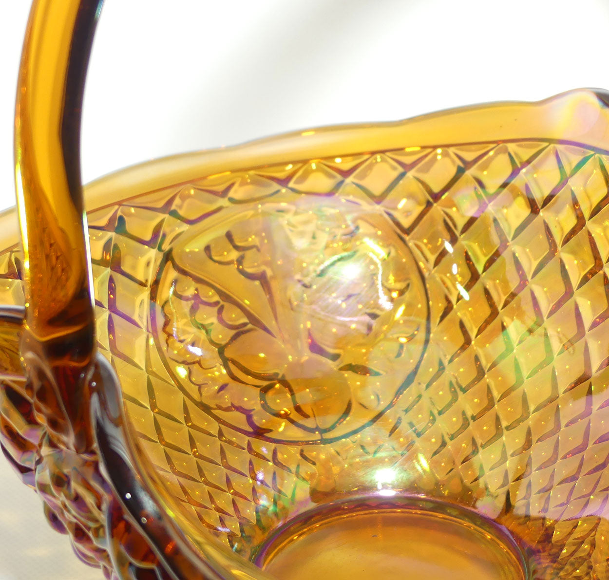 Amber Indiana Glass | Carnival Glass basket | 3 panels of Cherries