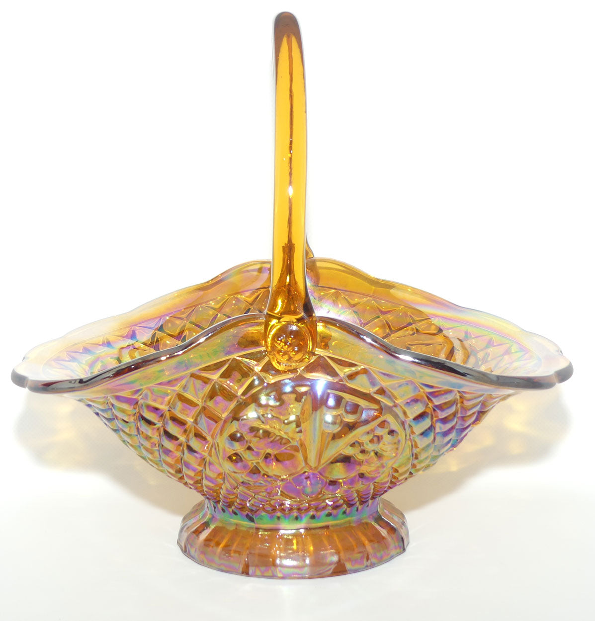 Amber Indiana Glass | Carnival Glass basket | 3 panels of Cherries