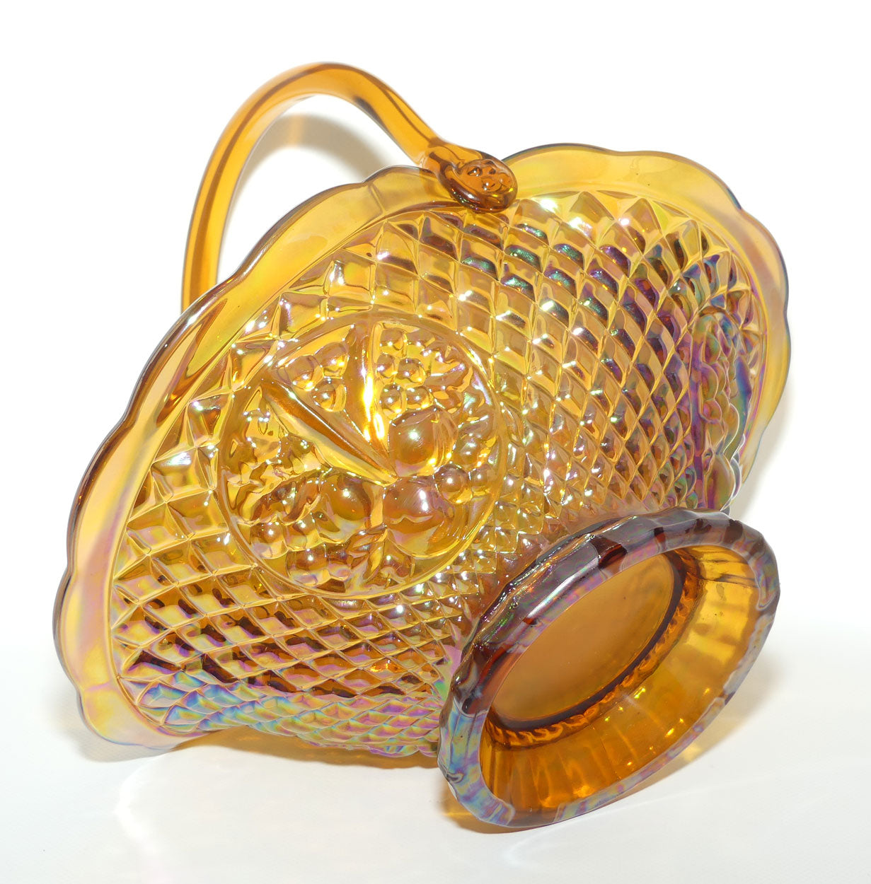 Amber Indiana Glass | Carnival Glass basket | 3 panels of Cherries