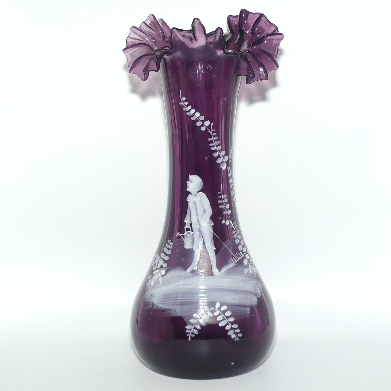 Amethyst glass Frilled Top Mary Gregory vase depicting a Boy with Watering Can and Cane