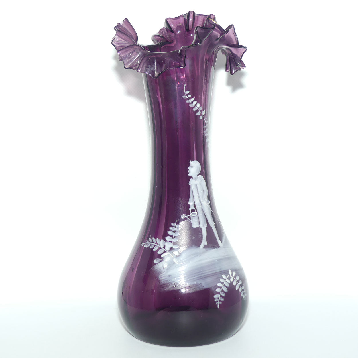 Amethyst glass Frilled Top Mary Gregory vase depicting a Boy with Watering Can and Cane