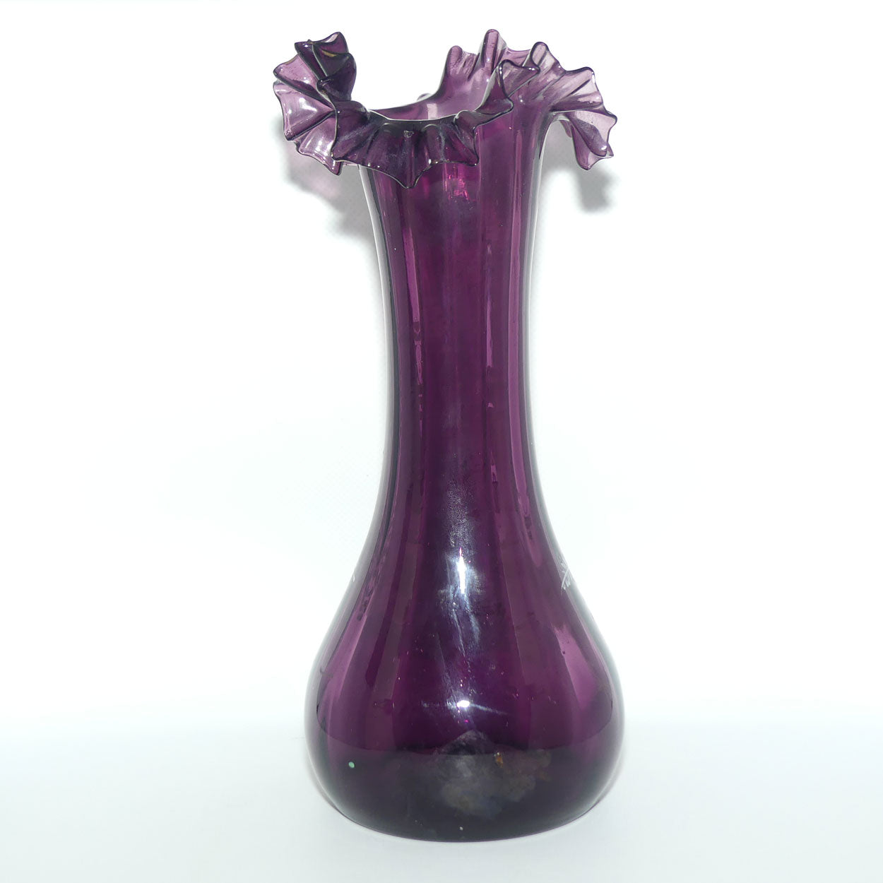 Amethyst glass Frilled Top Mary Gregory vase depicting a Boy with Watering Can and Cane