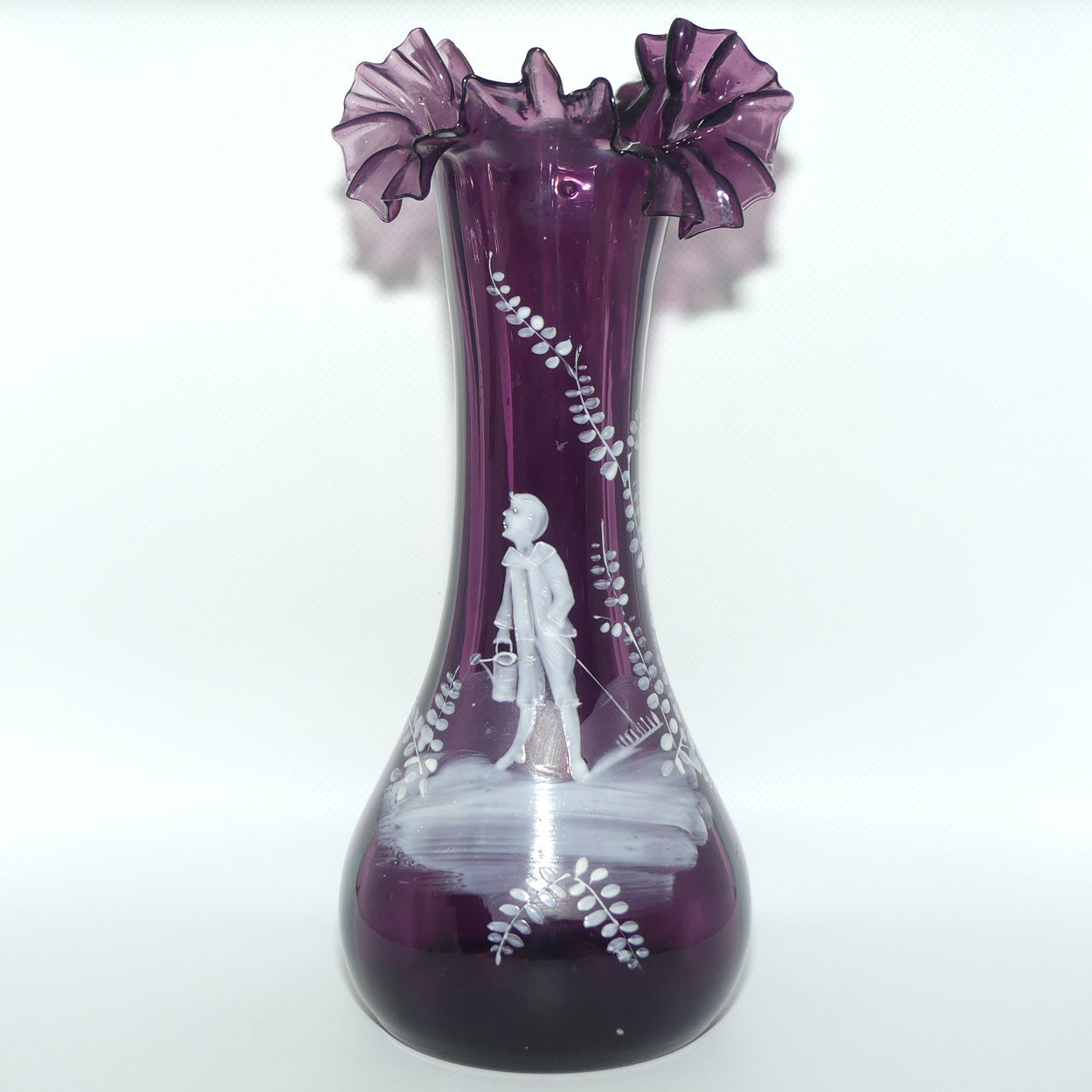 Amethyst glass Frilled Top Mary Gregory vase depicting a Boy with Watering Can and Cane