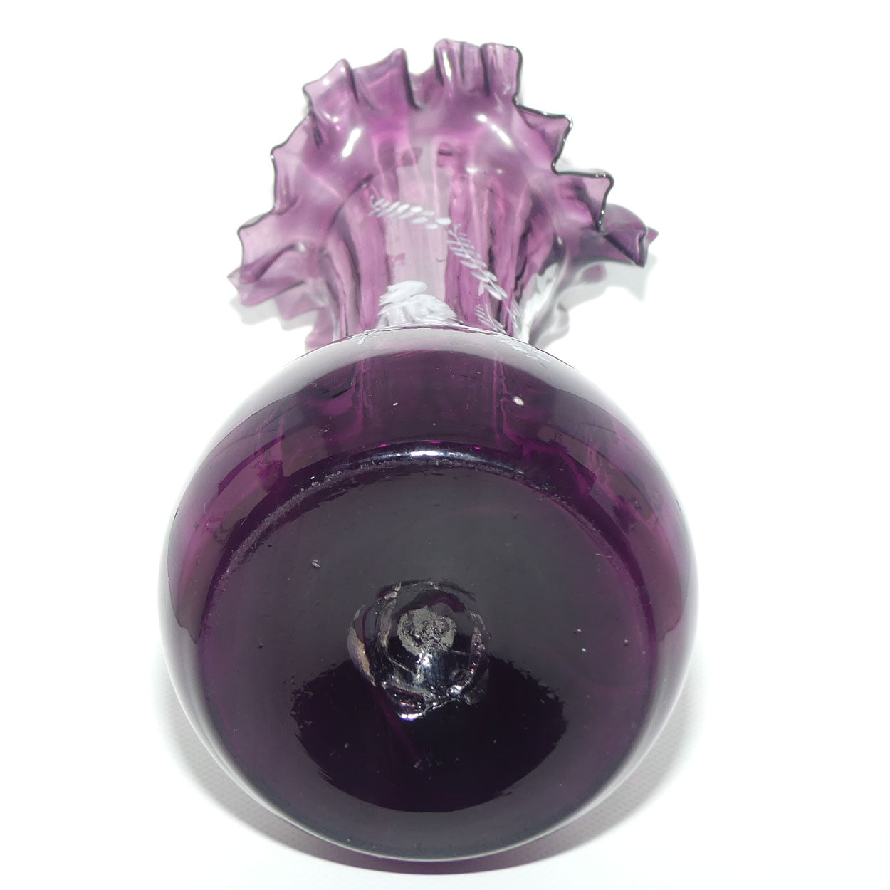Amethyst glass Frilled Top Mary Gregory vase depicting a Boy with Watering Can and Cane