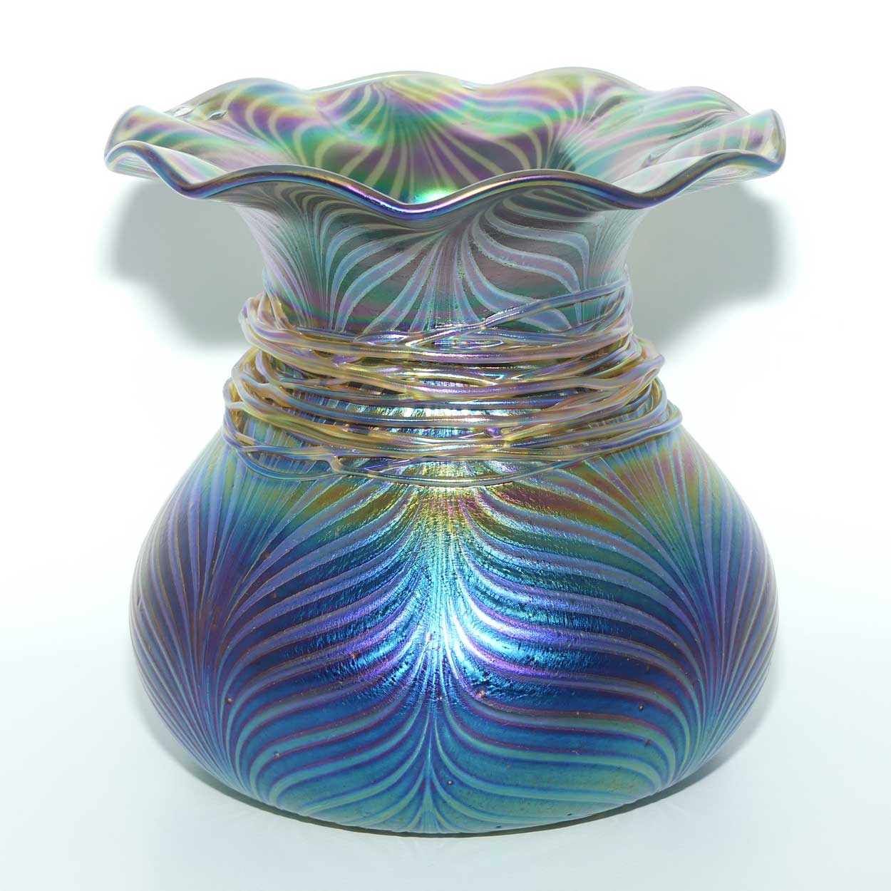 Art Nouveau Jugendstil Iridescent Amethyst Glass Vase with Peacock Feather pattern and applied Threads