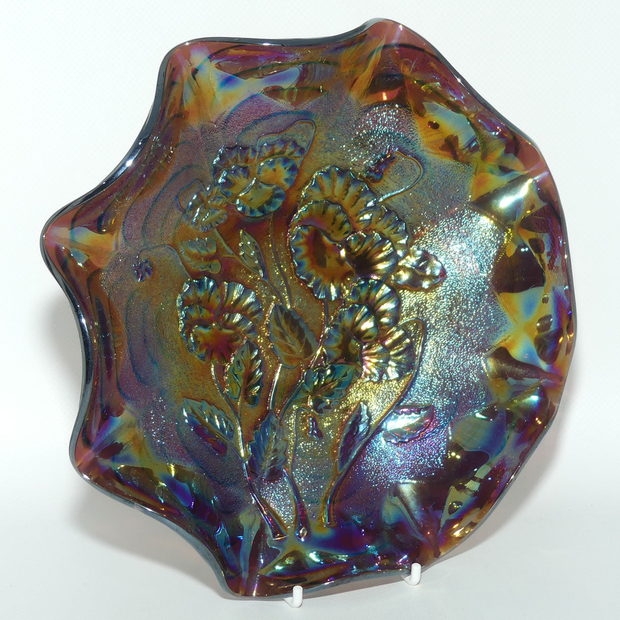 Imperial Carnival Glass Pansy Ruffled bowl | Amethyst | 23cm