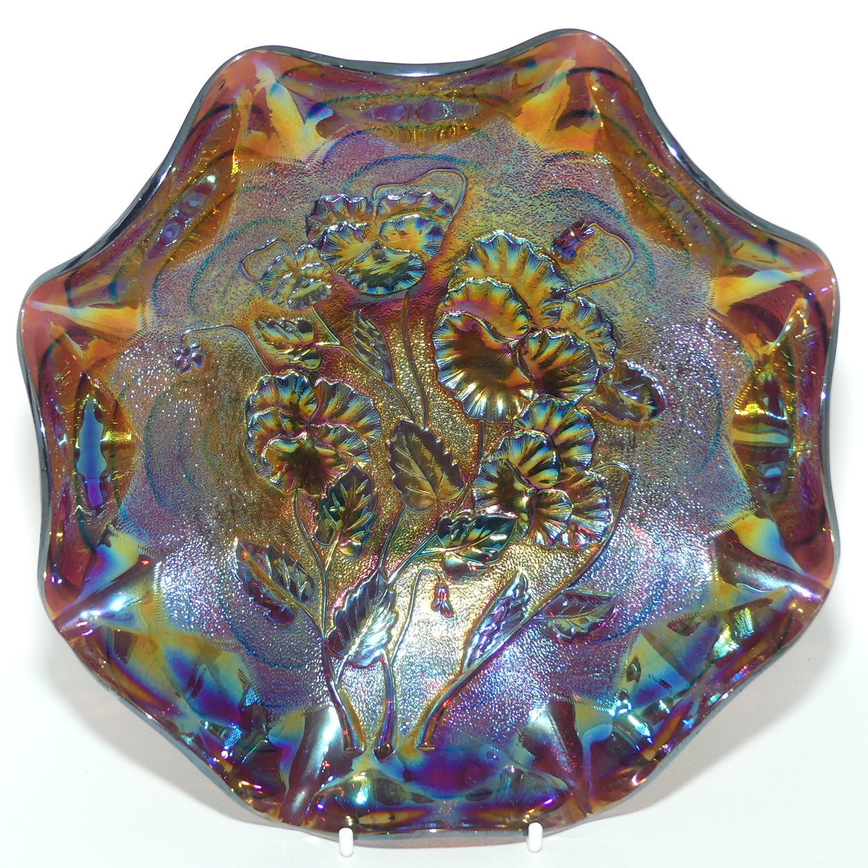 Imperial Carnival Glass Pansy Ruffled bowl | Amethyst | 23cm