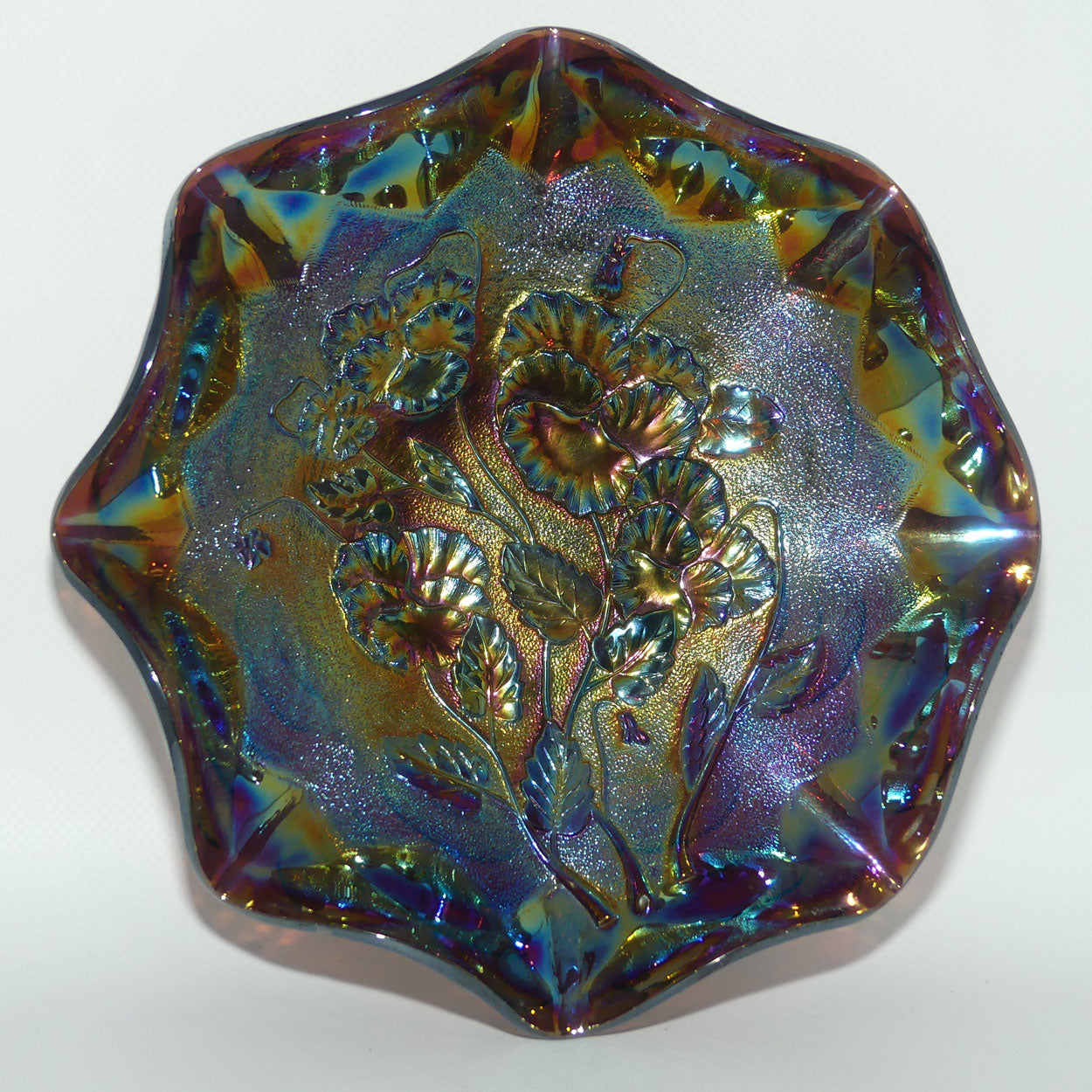 Imperial Carnival Glass Pansy Ruffled bowl | Amethyst | 23cm