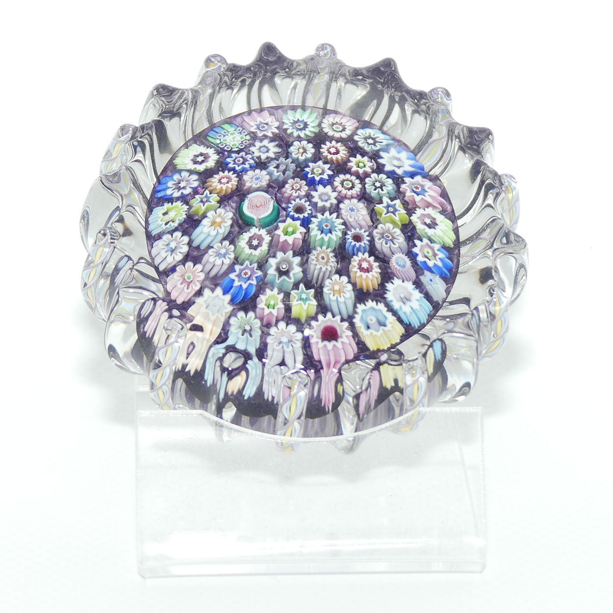 John Deacons Scotland Closepack Millefiori paperweight | Ribbed Latticino edge |  Amethyst
