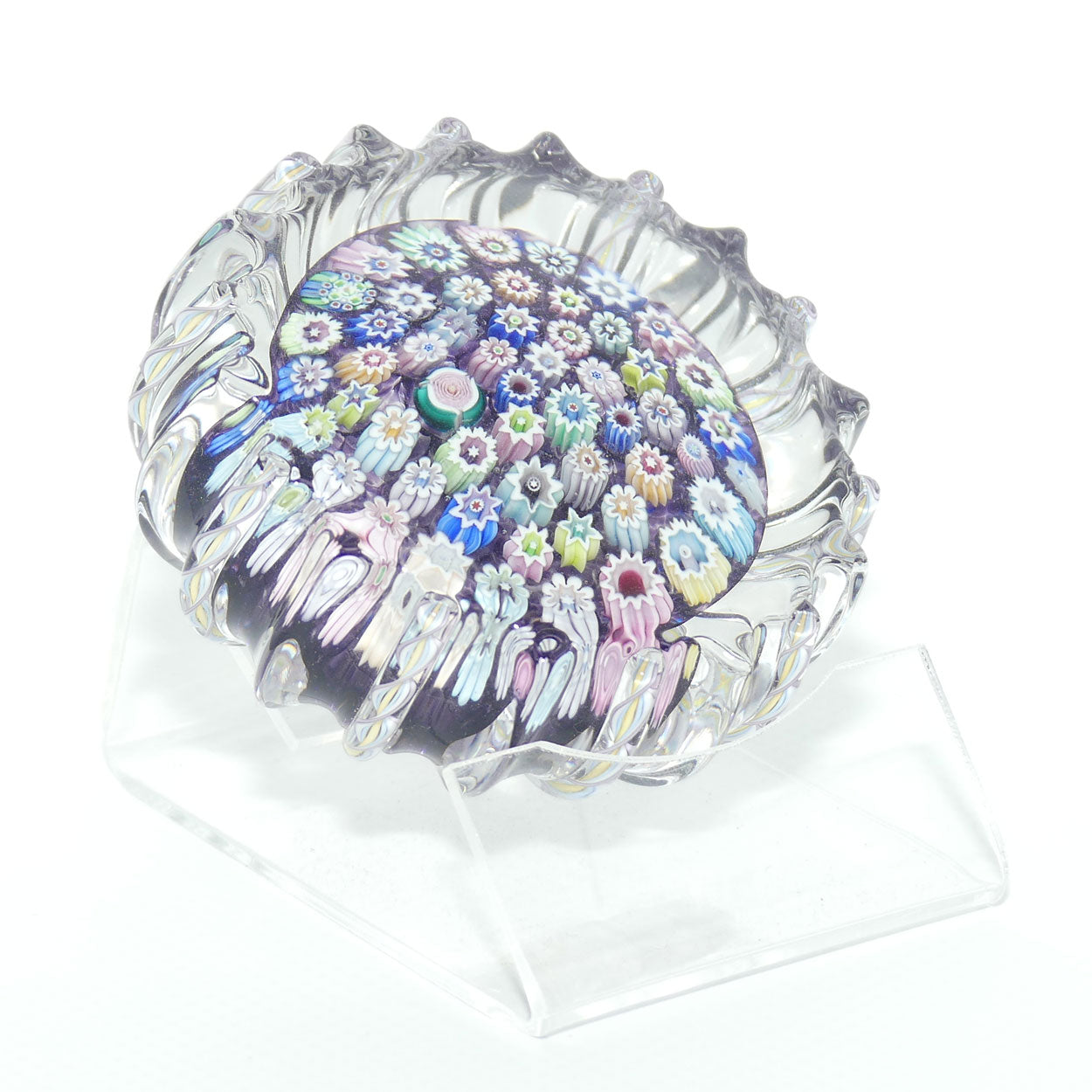 John Deacons Scotland Closepack Millefiori paperweight | Ribbed Latticino edge |  Amethyst