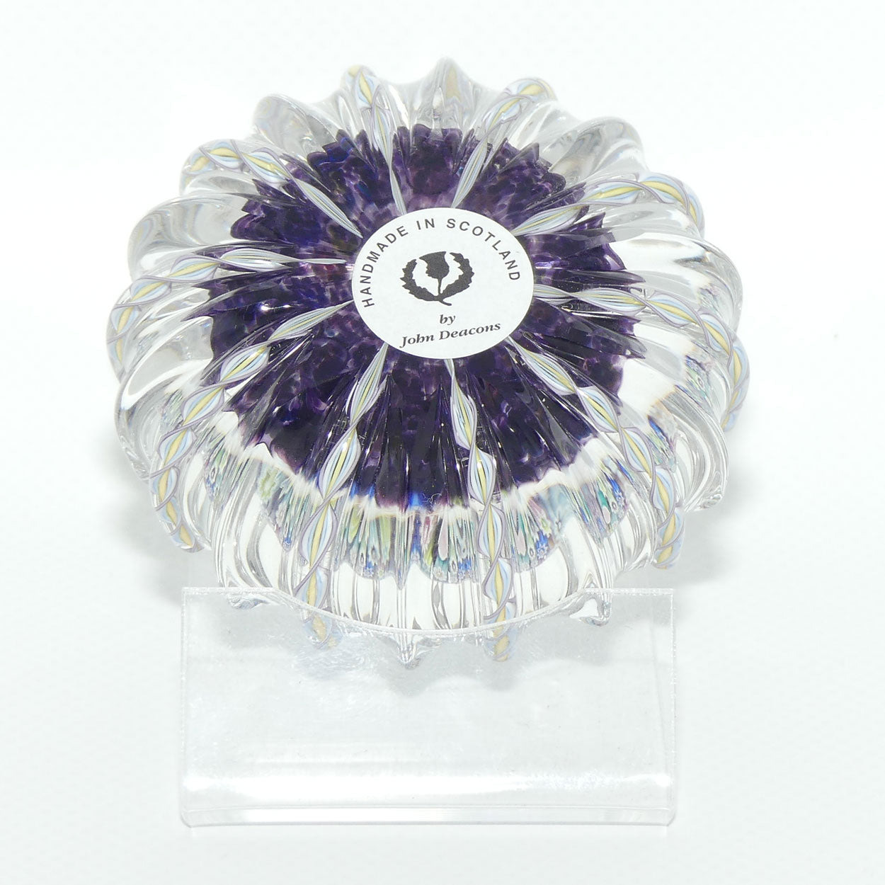 John Deacons Scotland Closepack Millefiori paperweight | Ribbed Latticino edge |  Amethyst