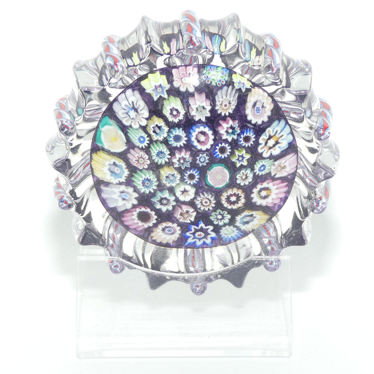 John Deacons Scotland Closepack Millefiori paperweight | Ribbed Latticino edge |  Amethyst