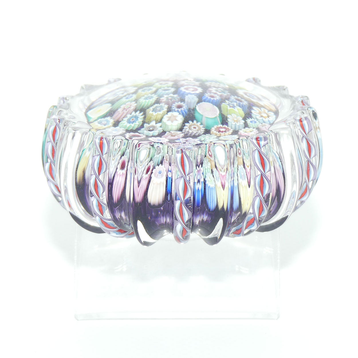 John Deacons Scotland Closepack Millefiori paperweight | Ribbed Latticino edge |  Amethyst