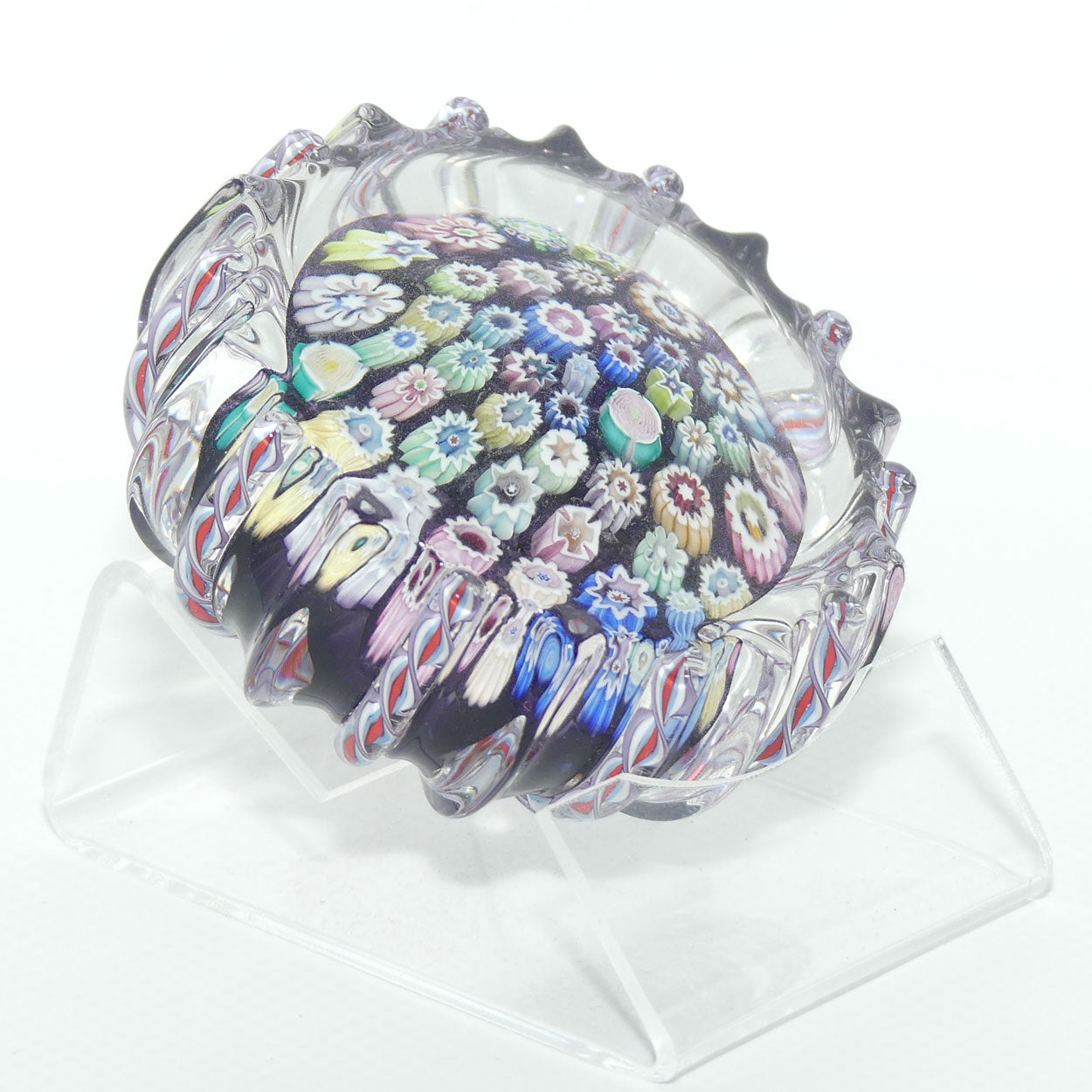 John Deacons Scotland Closepack Millefiori paperweight | Ribbed Latticino edge |  Amethyst