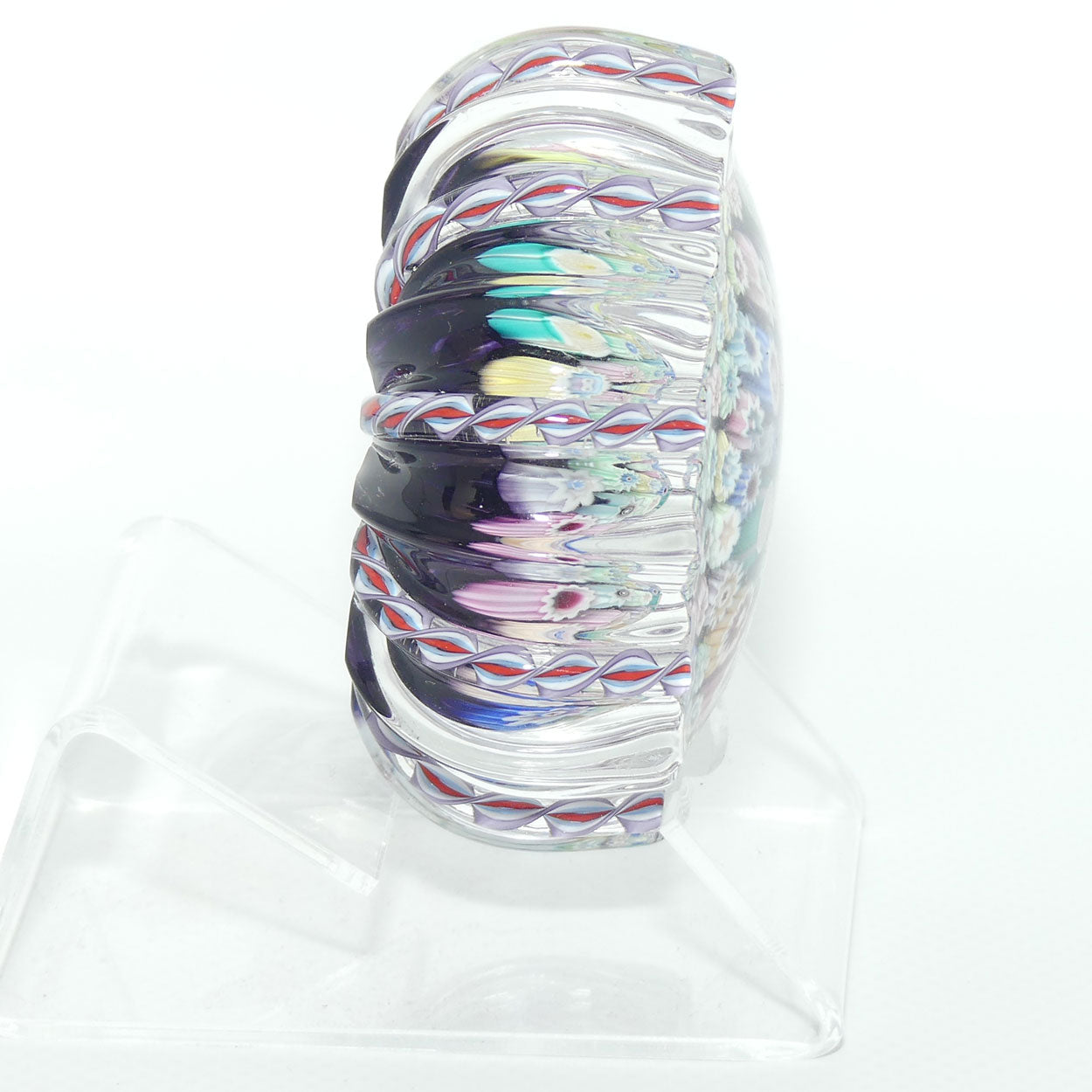 John Deacons Scotland Closepack Millefiori paperweight | Ribbed Latticino edge |  Amethyst