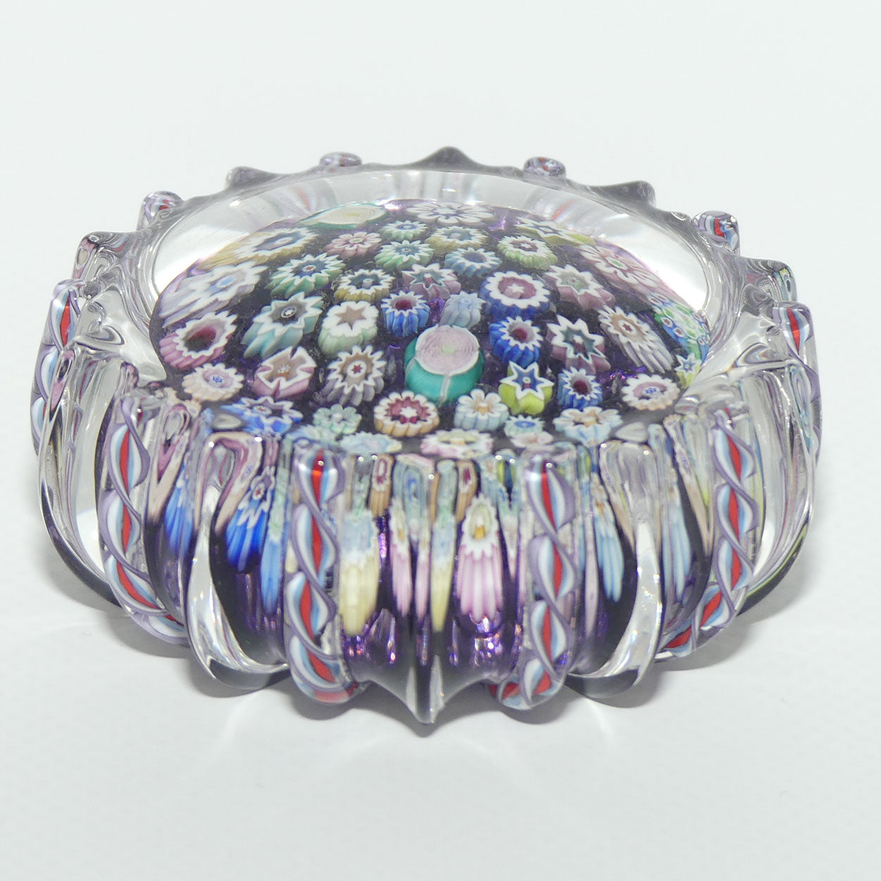 John Deacons Scotland Closepack Millefiori paperweight | Ribbed Latticino edge |  Amethyst