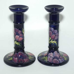 Moorcroft Anemone (Blue) pair of tall candlesticks c.1991