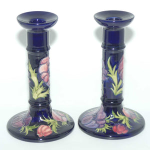 Moorcroft Anemone (Blue) pair of tall candlesticks c.1991