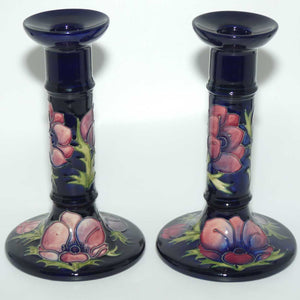 Moorcroft Anemone (Blue) pair of tall candlesticks c.1991