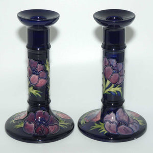 Moorcroft Anemone (Blue) pair of tall candlesticks c.1991