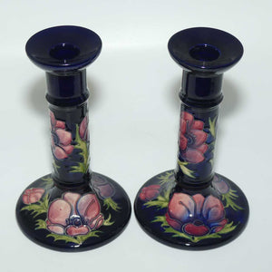 Moorcroft Anemone (Blue) pair of tall candlesticks c.1991