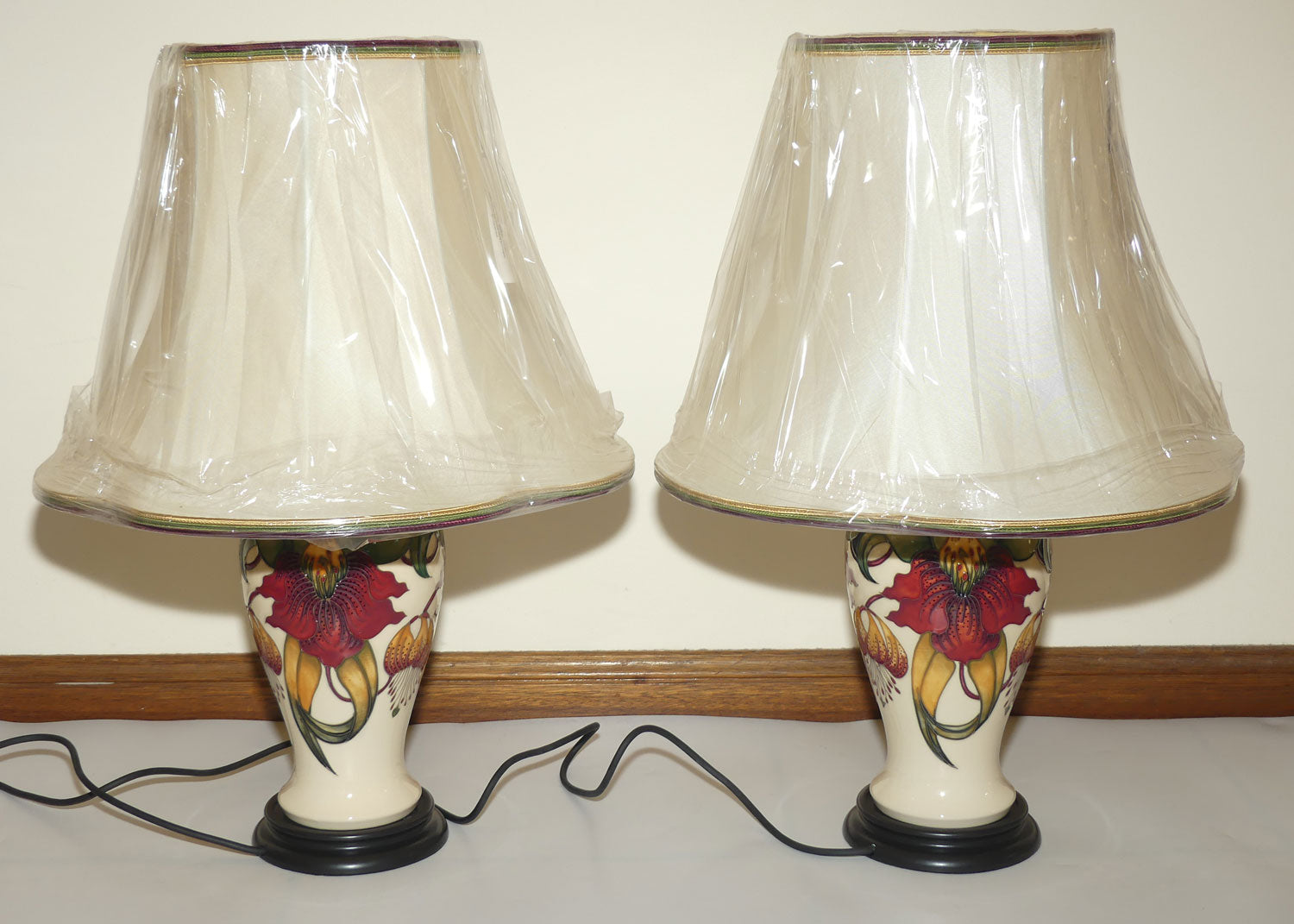 Moorcroft pair of Lamps and Silk Shades | Anna Lily pattern | Shape 46/10