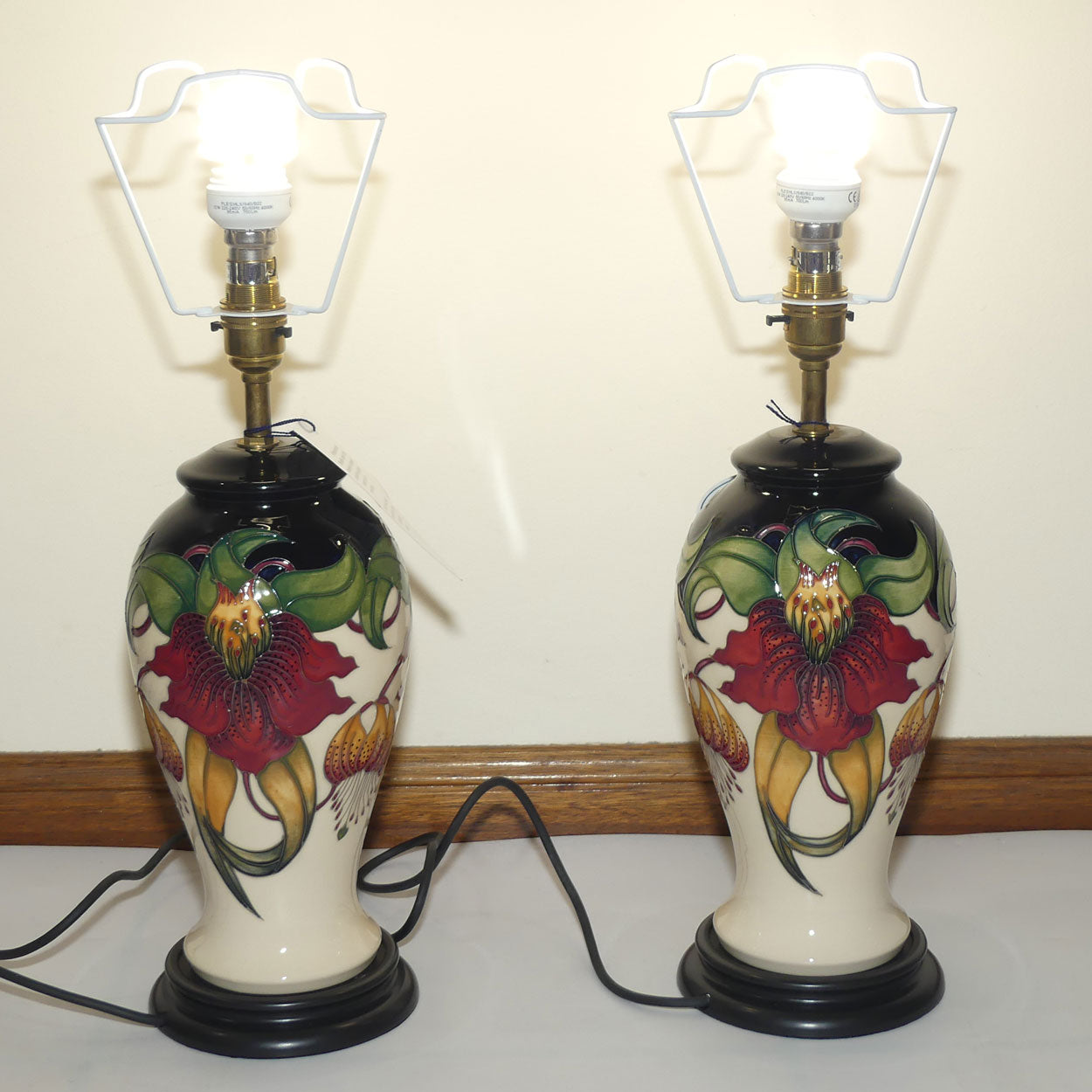 Moorcroft pair of Lamps and Silk Shades | Anna Lily pattern | Shape 46/10