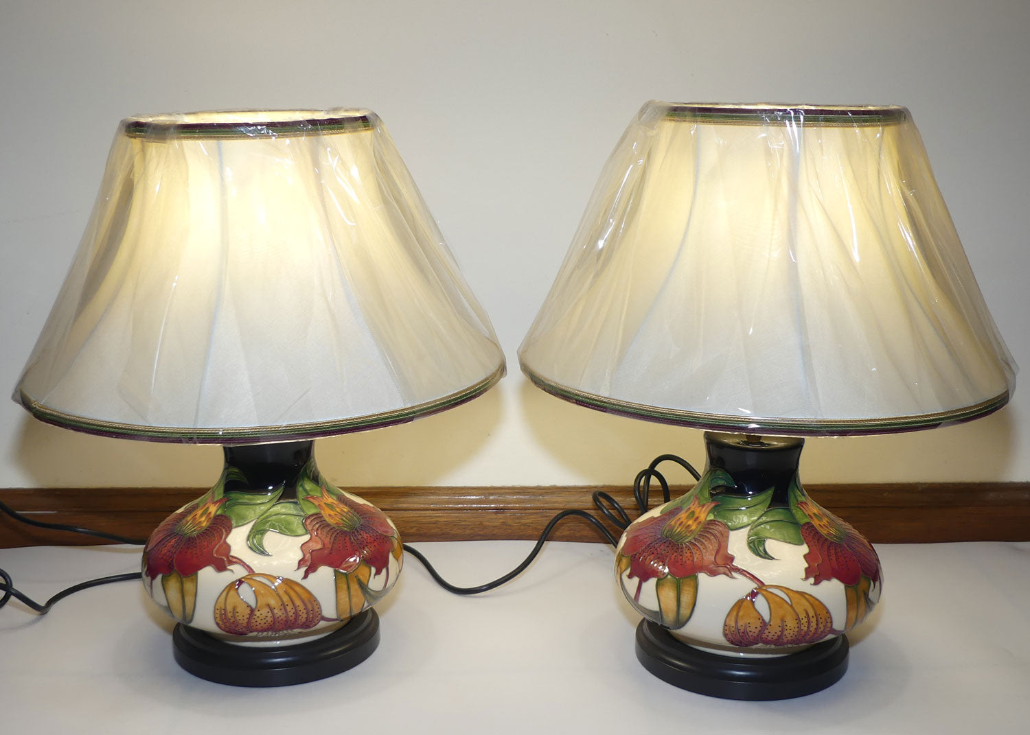 Moorcroft pair of Lamps and Silk Shades | Anna Lily pattern | Shape 32/8