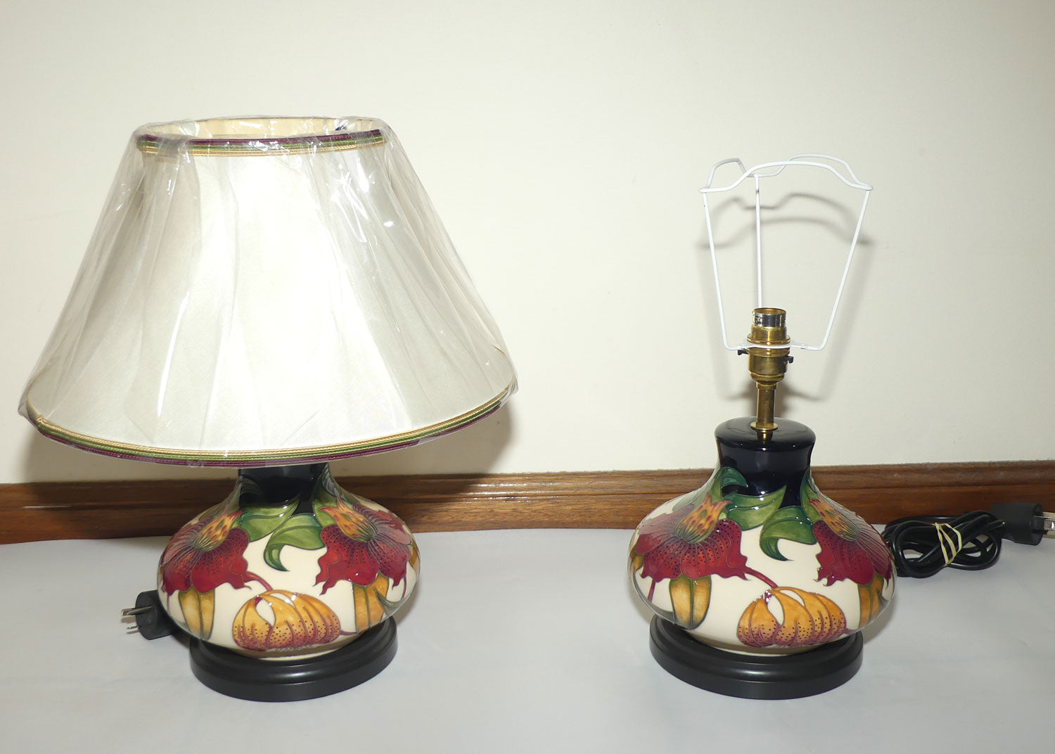 Moorcroft pair of Lamps and Silk Shades | Anna Lily pattern | Shape 32/8
