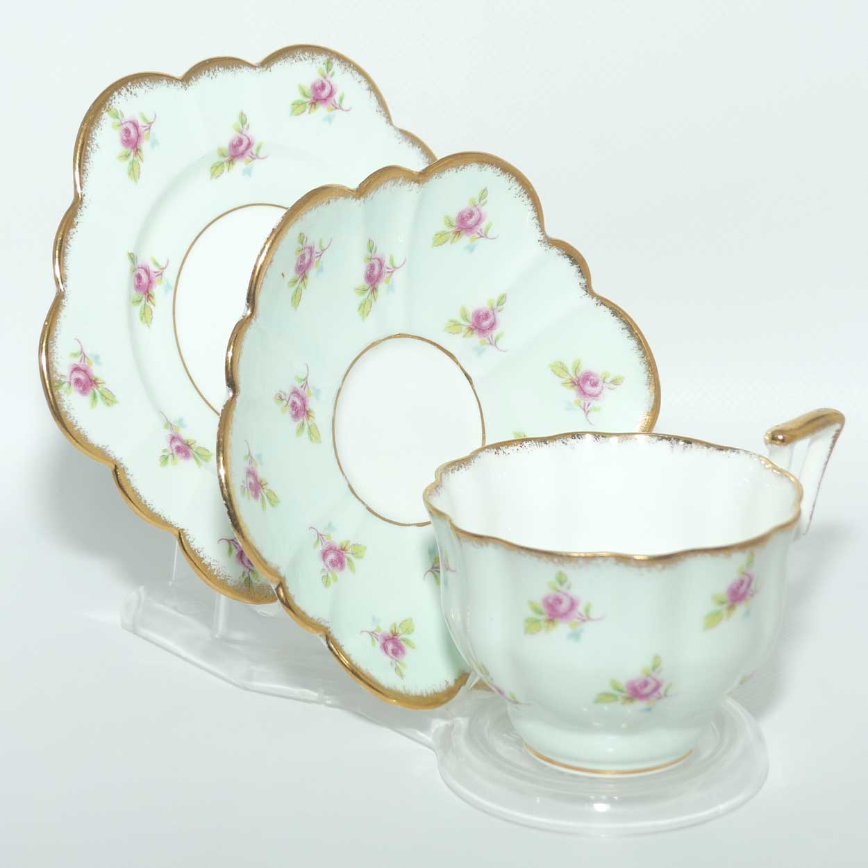 Salisbury Aqua and Rosebuds Gilt Trim tea trio | Unusual Shape