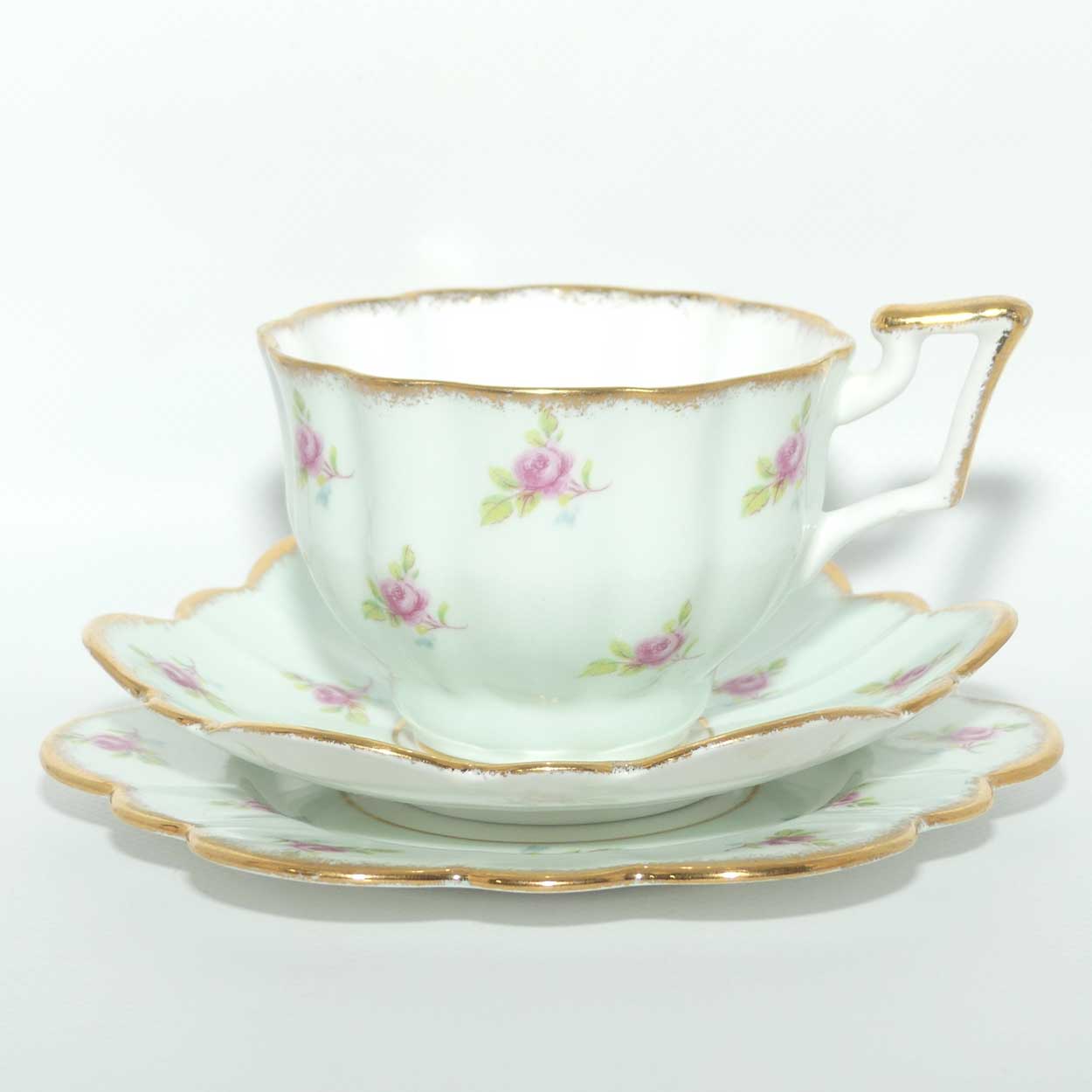 Salisbury Aqua and Rosebuds Gilt Trim tea trio | Unusual Shape