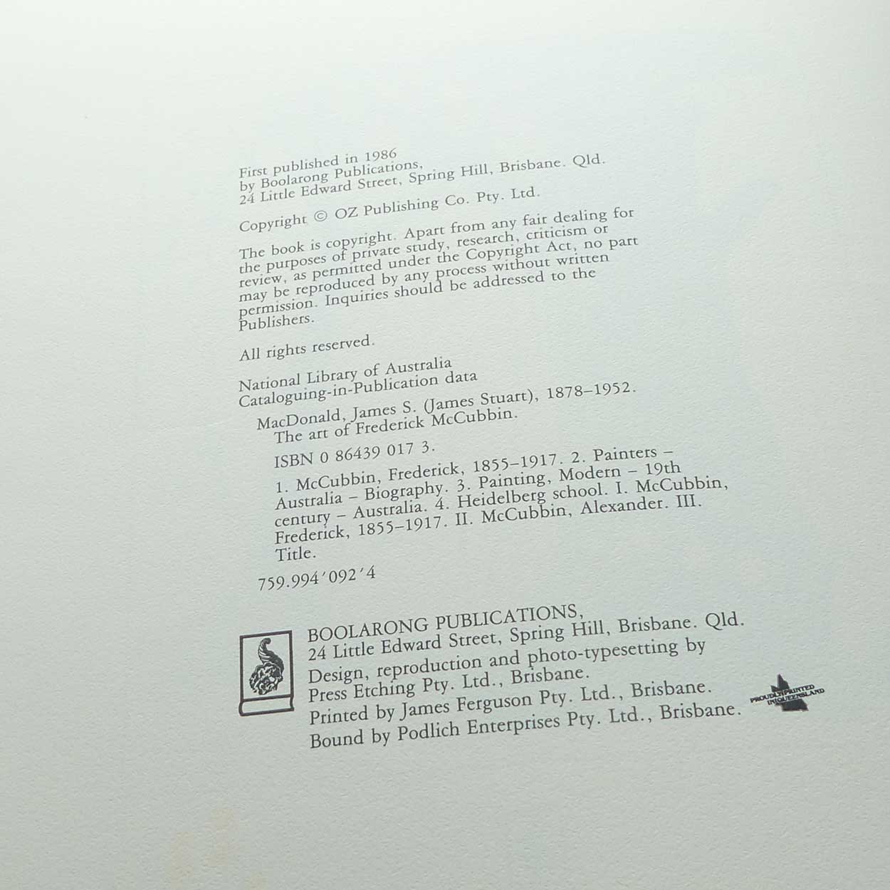 Reference Book | The Art of F McCubbin | JS MacDonald