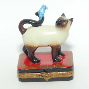 Artoria Limoges France Peint Main Siamese Cat and Bird trinket box