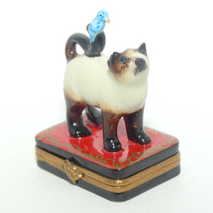 Artoria Limoges France Peint Main Siamese Cat and Bird trinket box