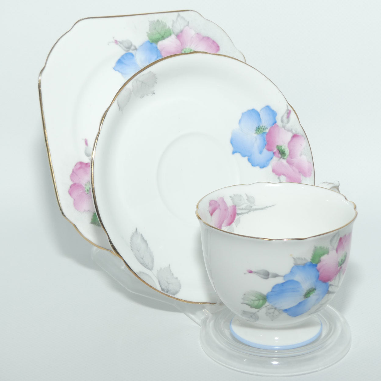 Shelley Ascot shape Dog Rose | Pink and Blue Floral trio | Y 097