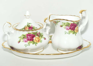 Royal Albert Bone China Old Country Roses lidded sugar and milk jug on tray | © 1962 Royal Albert Ltd backstamp | Asian