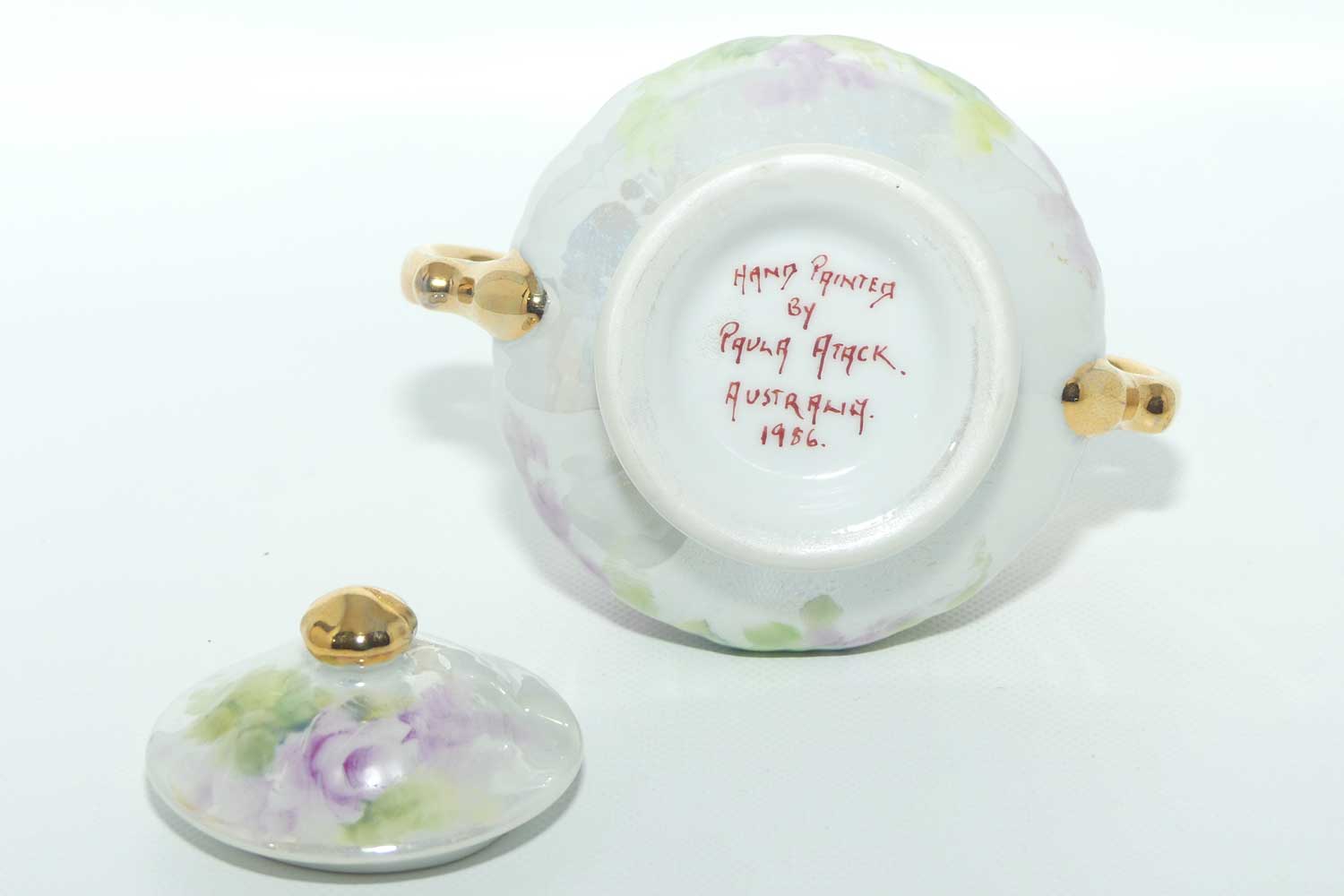 Australian China Painting milk and sugar decorated with Mauve flowers | by Paula Atack 1986