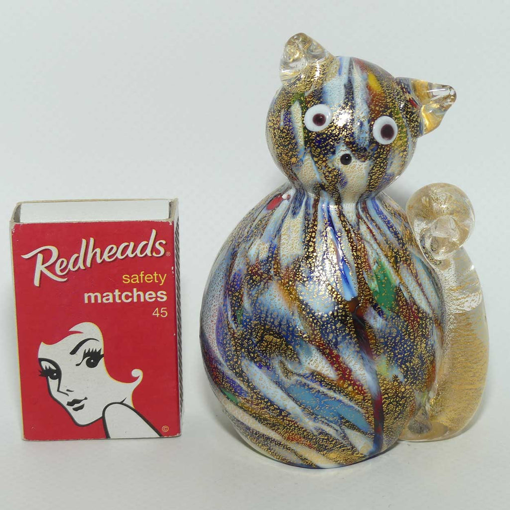 Murano Glass Aventurine Multicoloured Cat | Clear and Gilt Tail